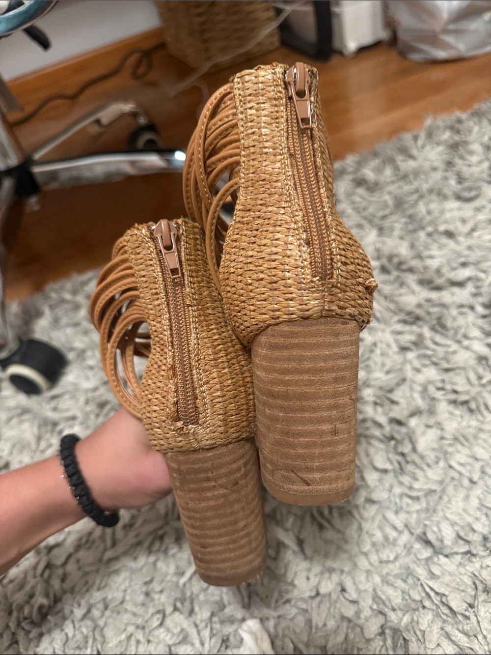 Woven Heel Ankle-Tie Wedge Sandals in Cream and Tan - Picture 8 of 11